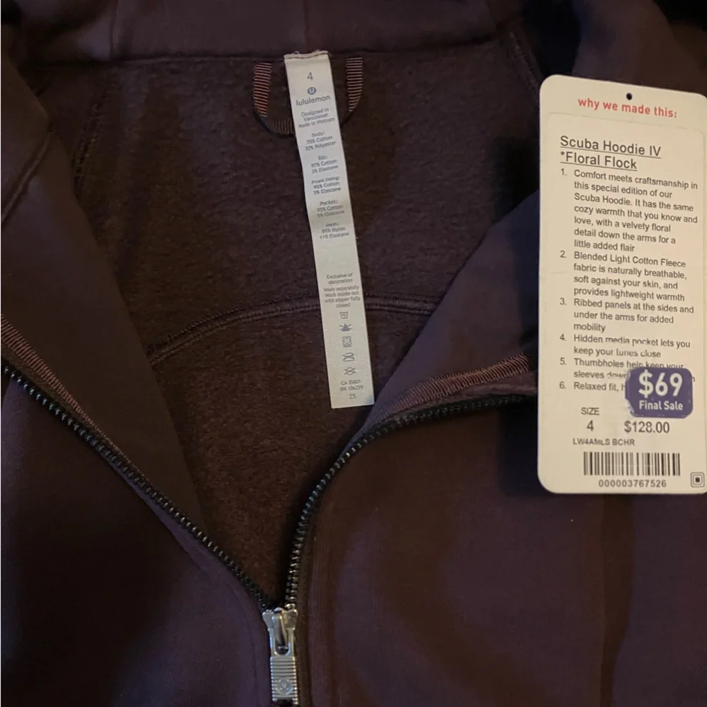 EUC Lululemon Scuba Hoodie IV *Floral Flock, Sz 4, BLACK CHERRY - Picture 6 of 10